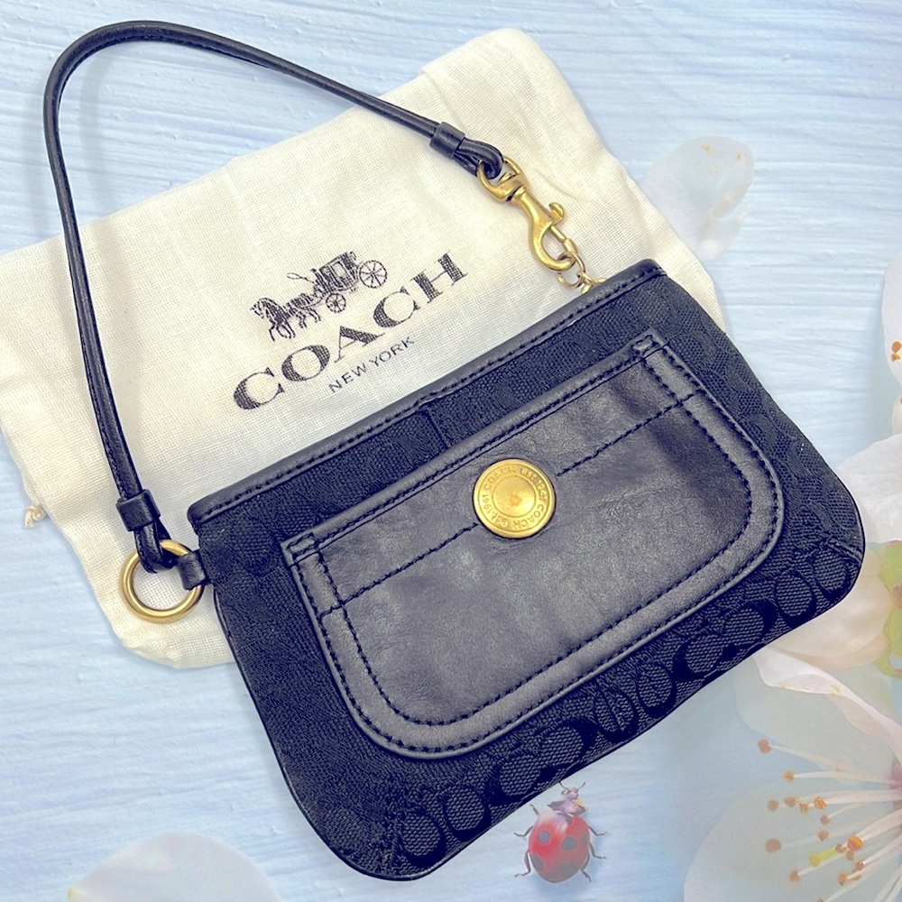 🌺 COACH SLIM BLACK POCKET LEATHER AND CANVAS SIGNATURE C WRISTLET BAG VINTAGE